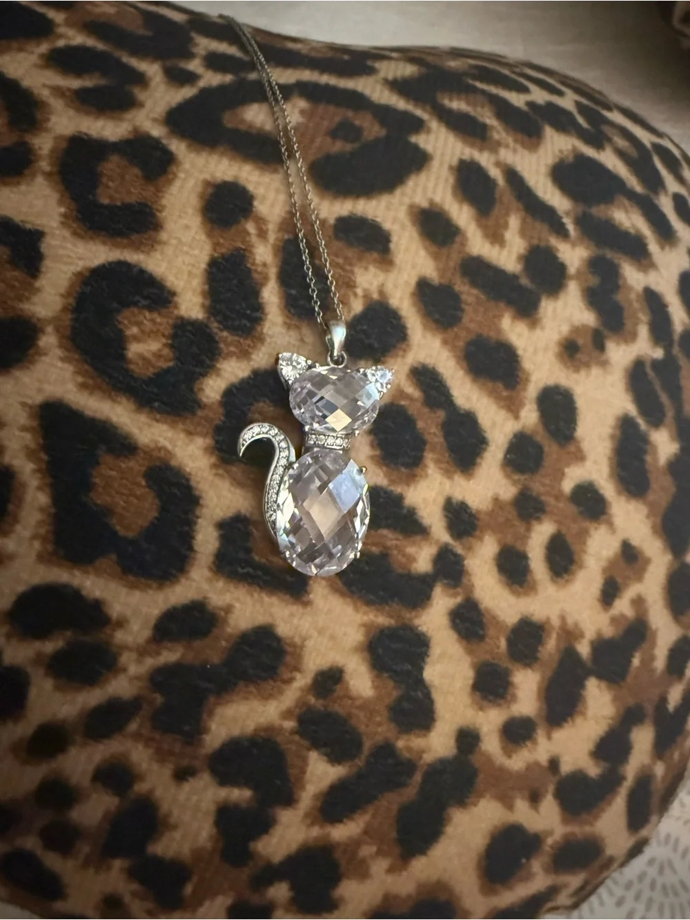 Crystal Cat Pendant Necklace - Silver Tone